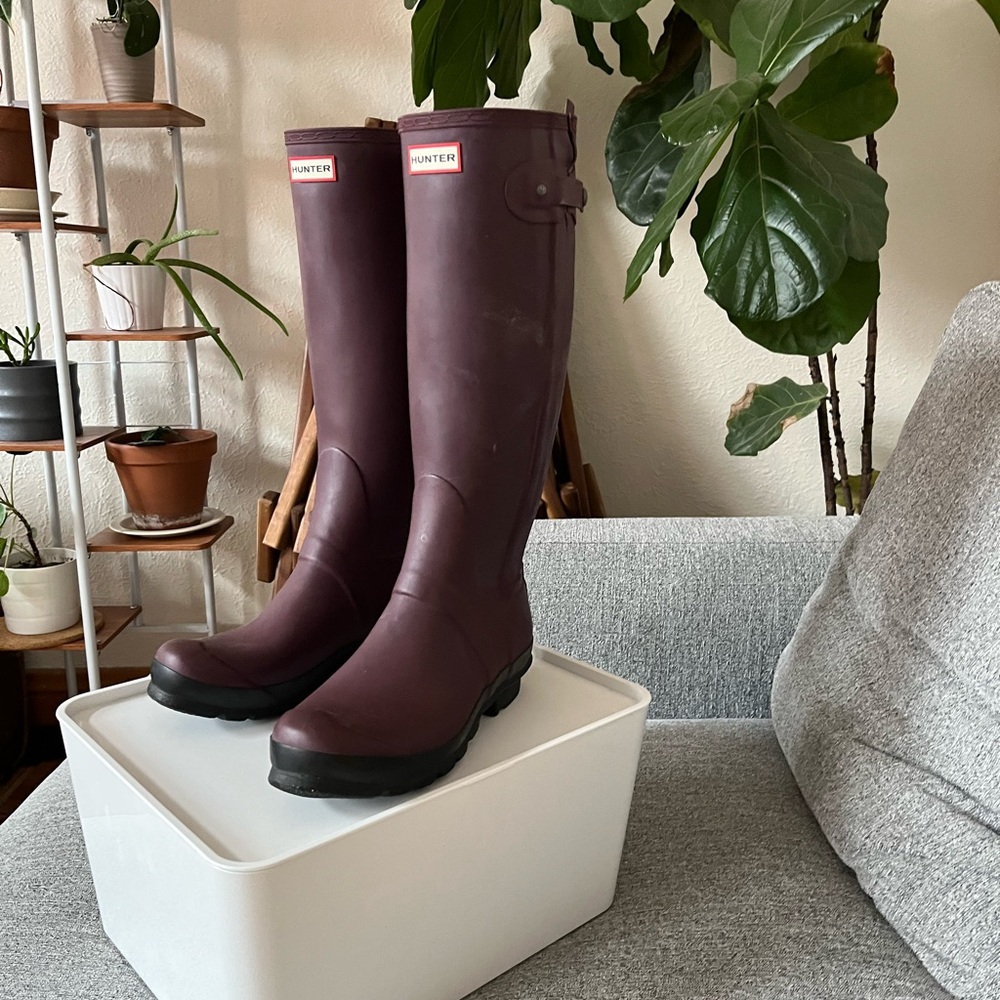 Hunter rain boots.